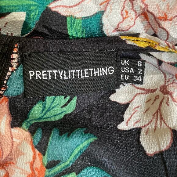 NWOT PrettyLittleThing Floral Fit Flare Dress in Black Puff Sleeve Back Zip Sz 2 - Picture 10 of 11